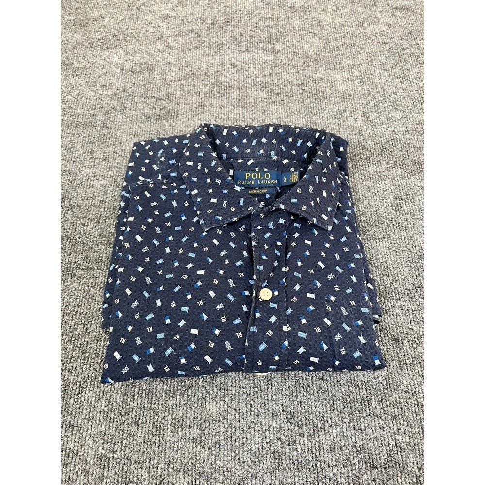 Polo Ralph Lauren Shirt Adult Large Blue Seersucker All Over Print Smart Casual - Picture 6 of 9